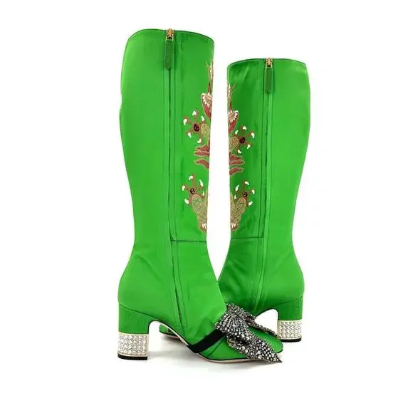 NEW Gucci Candy Dragon Embroidered Bow Crystal Embellished Knee High Boots 37.5 - Picture 3 of 10